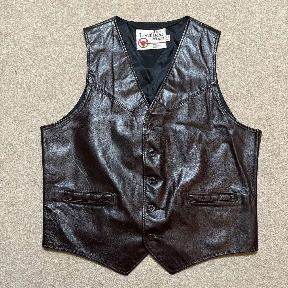Vtg 70s Sears Leather‎ Vest Mens 42 Brown The Leather Shop Western Cowboy Biker